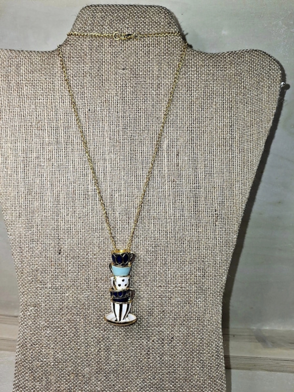 Teacup Pendant Necklace in Gold & Blue Like New